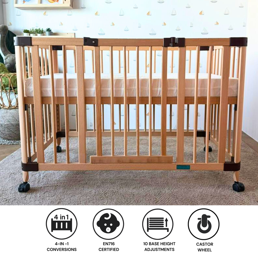 Happy Cot Happy Swing Natural Beech Wood Multifunctional 4-in-1 Baby Cot (Online Exclusive)