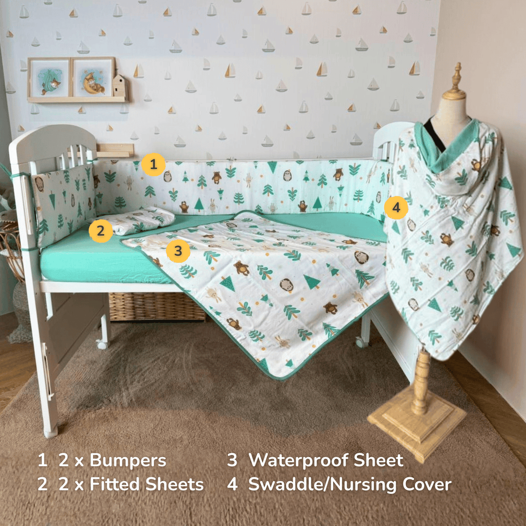 [Jarrons & Co] Happy Cot Bedding Set - Green Forest/ Dreamy Pink (6PCS)
