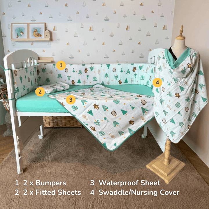 [Jarrons & Co] Happy Cot Bedding Set - Green Forest/ Dreamy Pink (6PCS)