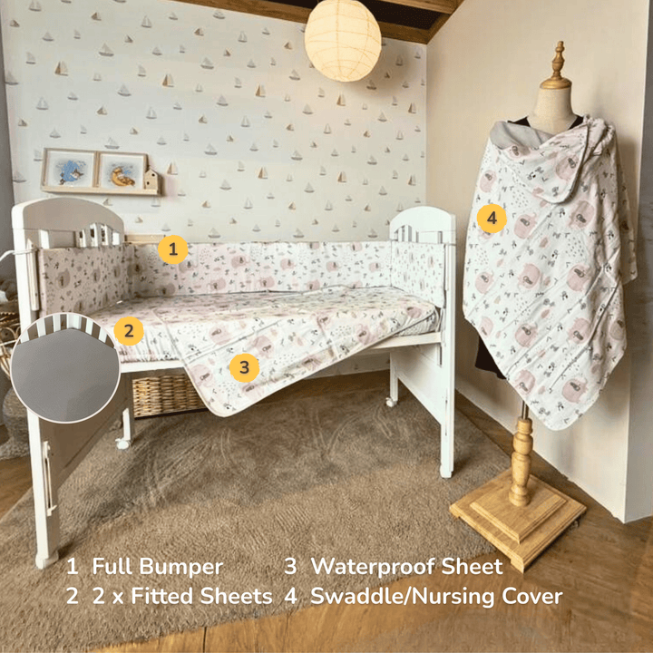 [Jarrons & Co] Happy Cot Bedding Set - Green Forest/ Dreamy Pink (6PCS)