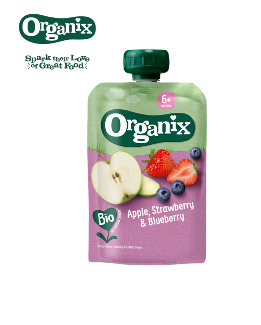 Organix Fruit Purée Pouch | Apple, Strawberry and Blueberry - 100g | 6mths+