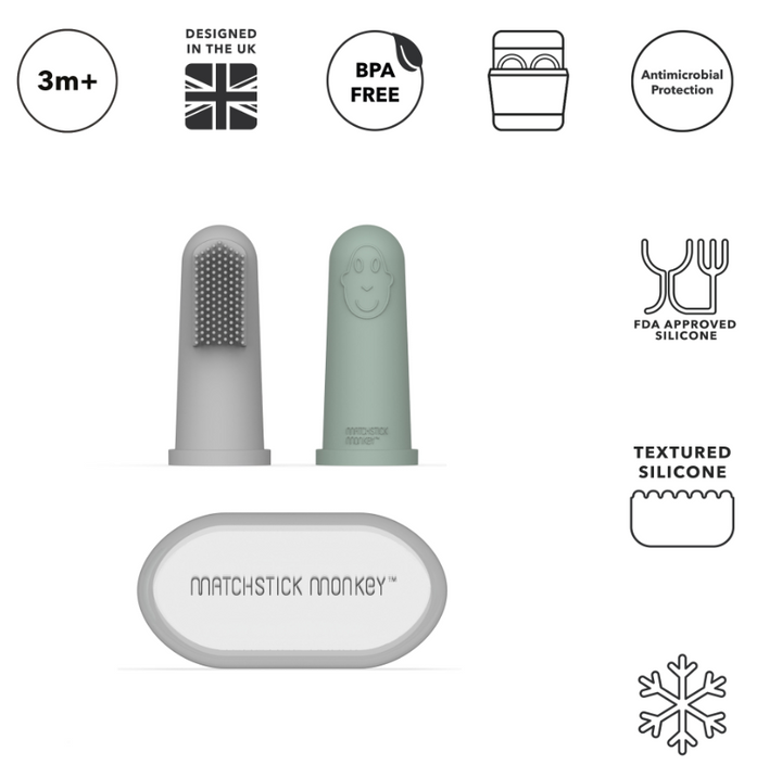 Matchstick Monkey Finger Toothbrush With Portable Case - Grey & Mint Green