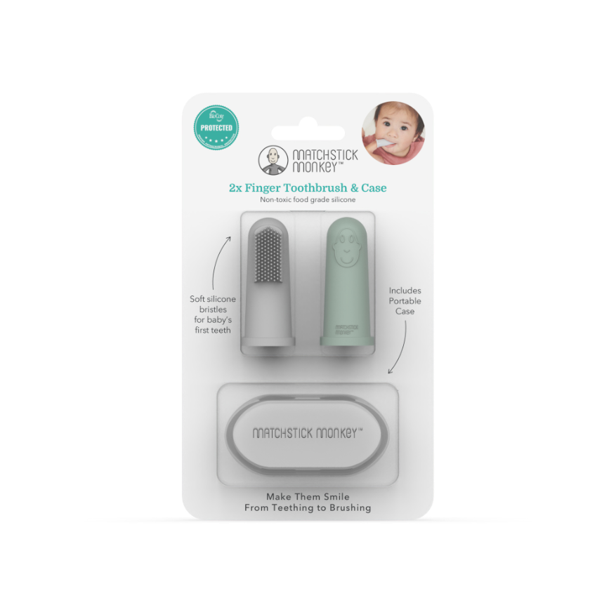 Matchstick Monkey Finger Toothbrush With Portable Case - Grey & Mint Green