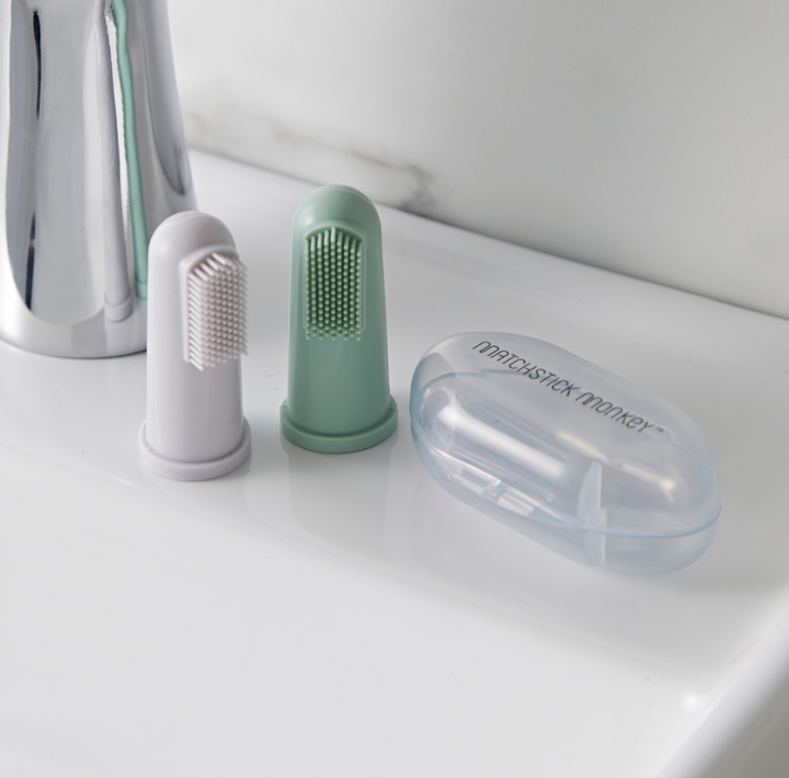 Matchstick Monkey Finger Toothbrush With Portable Case - Grey & Mint Green