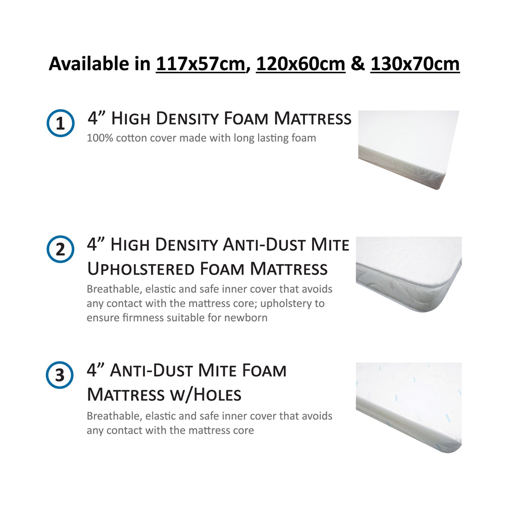 Happy Cot 4" High Density Anti Dust Mite Upholstered Foam Mattress - White